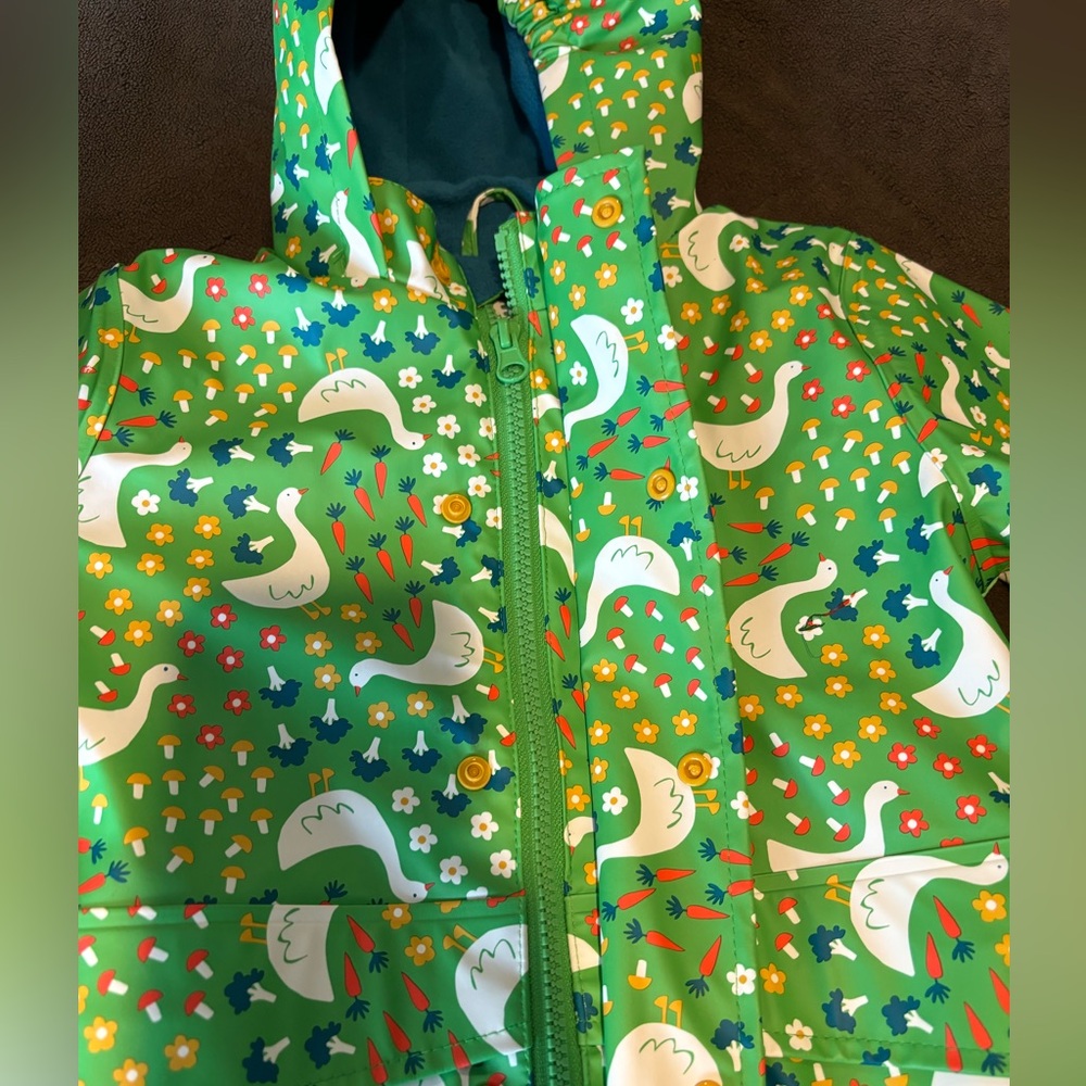 Frugi Green Duck Patterned Raincoat - lined soft blue fleece & reflective bands
